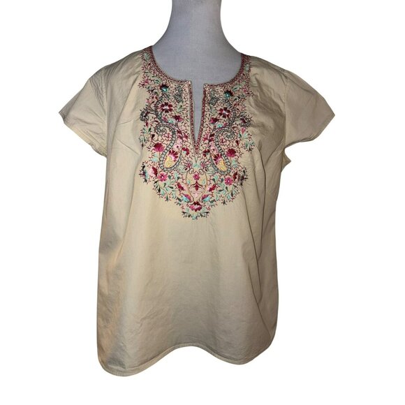 Charter Club Beige Cotton Embroidered Split Neck Top Size 14 - Picture 1 of 8